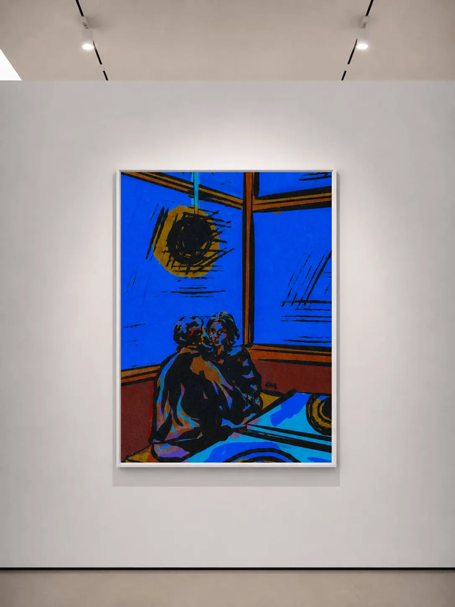 Póster con marco de madera con una escena de restaurante