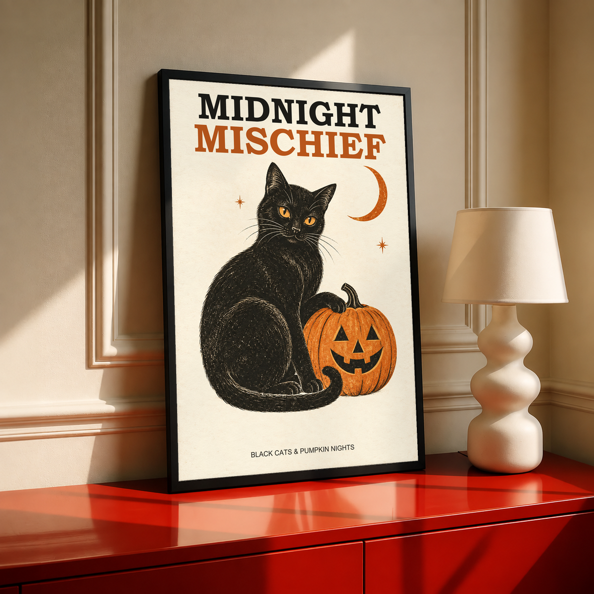Framed Halloween poster, black cat with orange jack-o’-lantern and crescent moon.