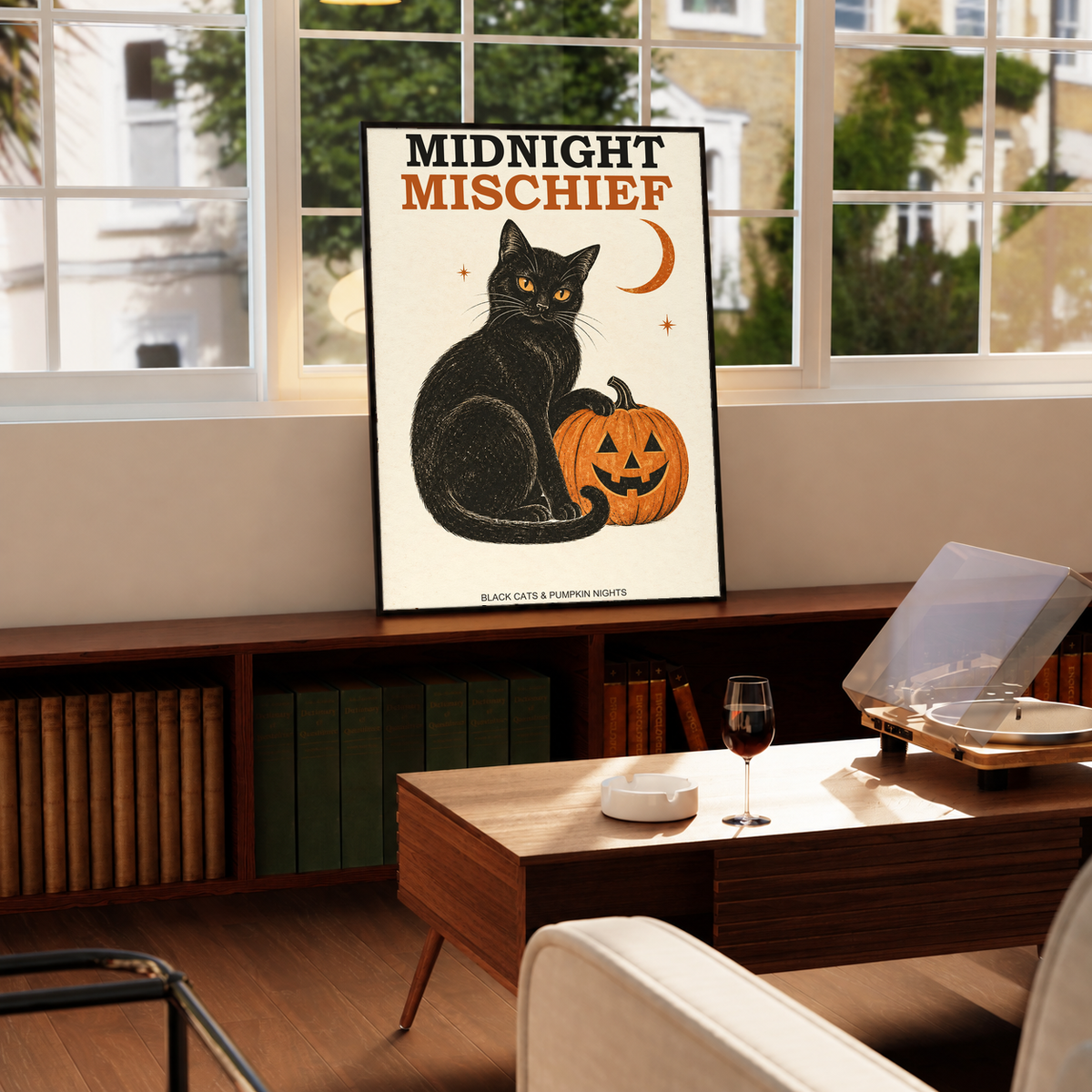 Unframed cat and pumpkin Halloween poster with black cat, orange jack-o’-lantern, and moon.