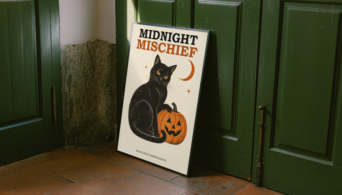 Tall Halloween poster featuring black cat, orange jack-o’-lantern pumpkin, and crescent moon.