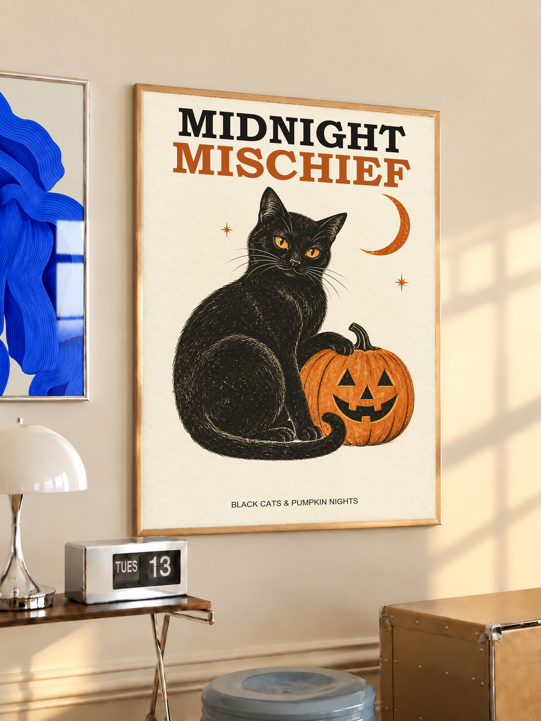 Wood-framed Halloween poster with black cat, orange jack-o’-lantern, and crescent moon.