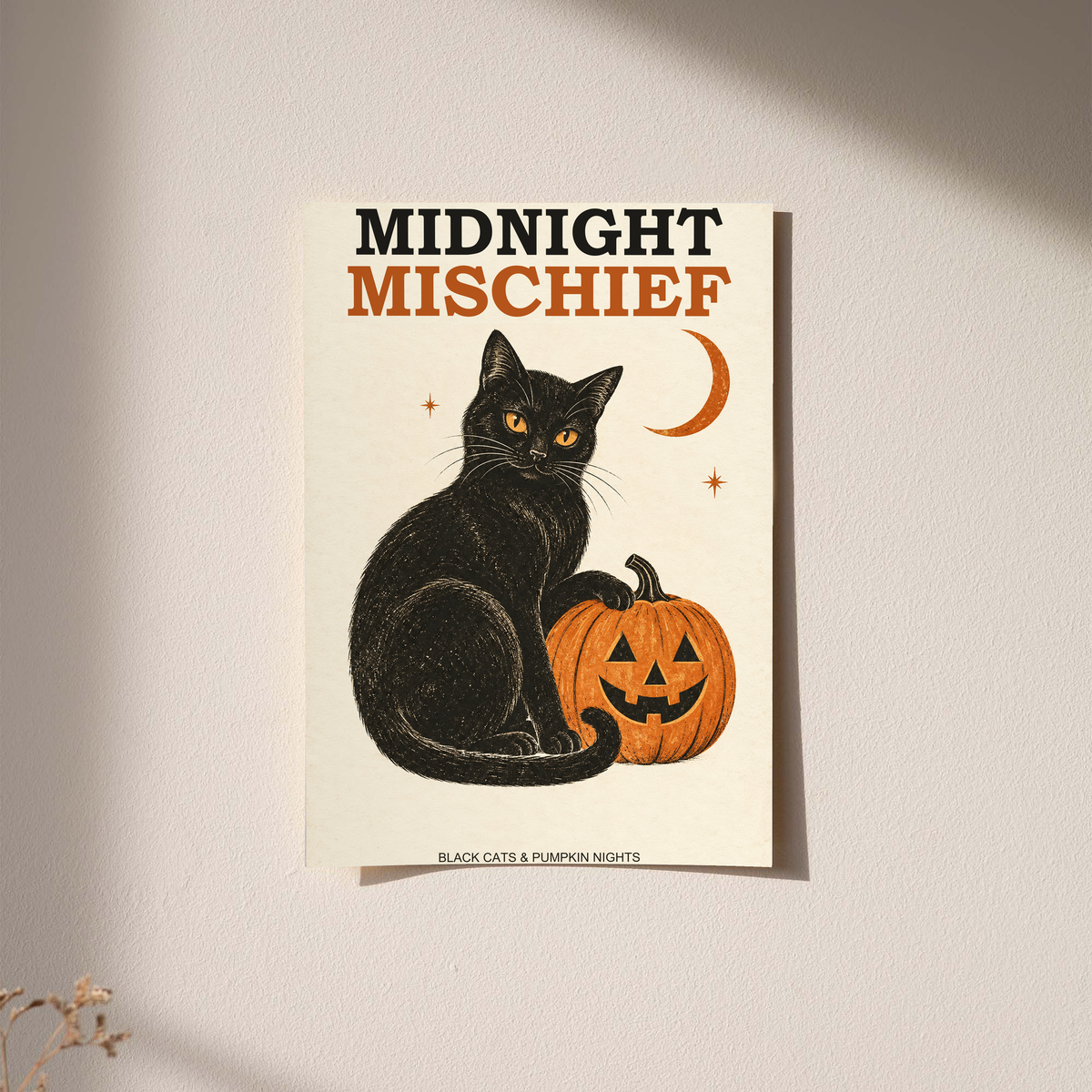 Wall-hung Halloween poster showing black cat, orange jack-o’-lantern, and crescent moon.