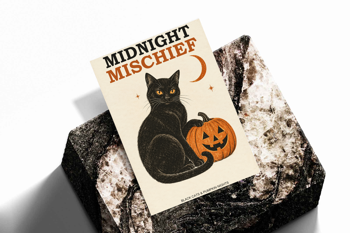Halloween poster with black cat and orange jack-o’-lantern, crescent moon; on stone-texture tiles.