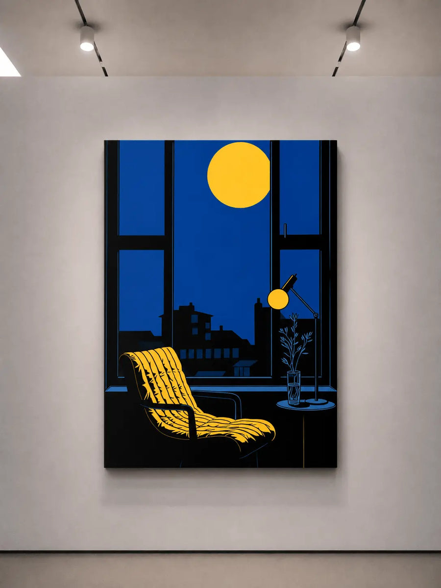 Arte mural en lienzo sin marco de una escena nocturna de ventana azul y amarilla con silla amarilla