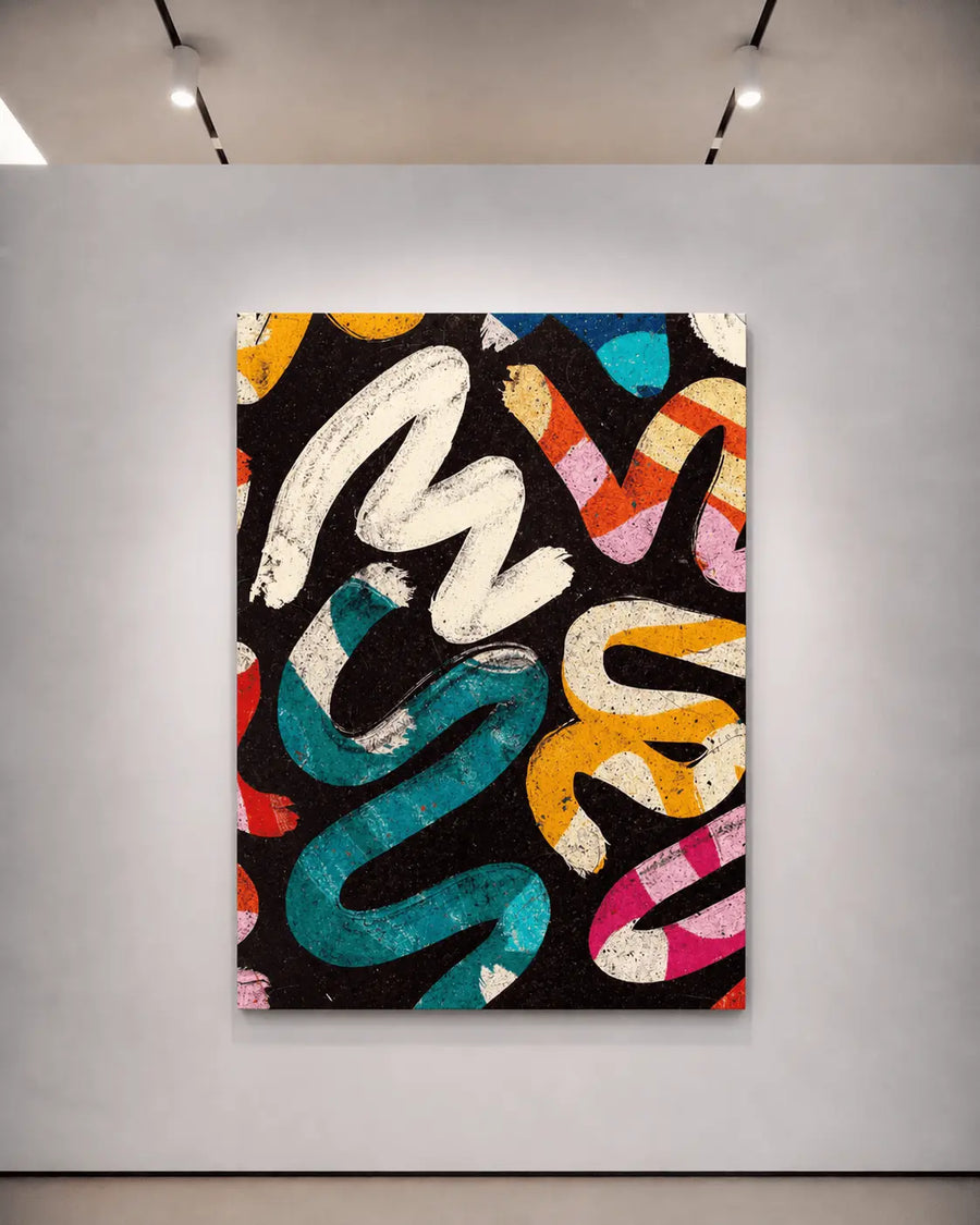 Impresión enmarcada de arte abstracto con letras blancas a pincel y colores vivos de graffiti
