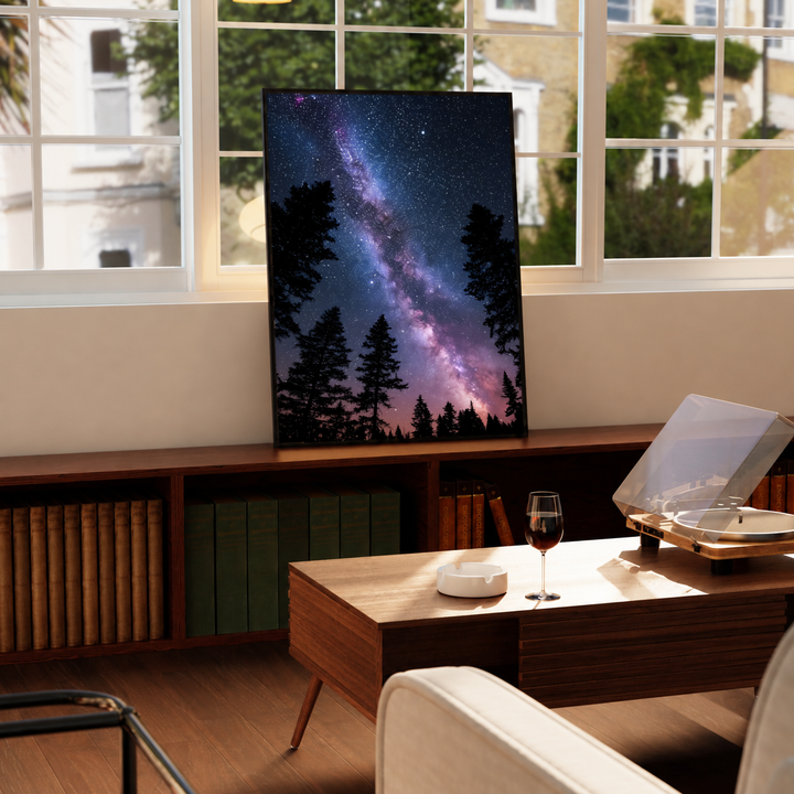 Violet-pink Milky Way band across a dark blue starry sky above black conifer silhouettes, styled in a black frame above a wood console with books and a record player