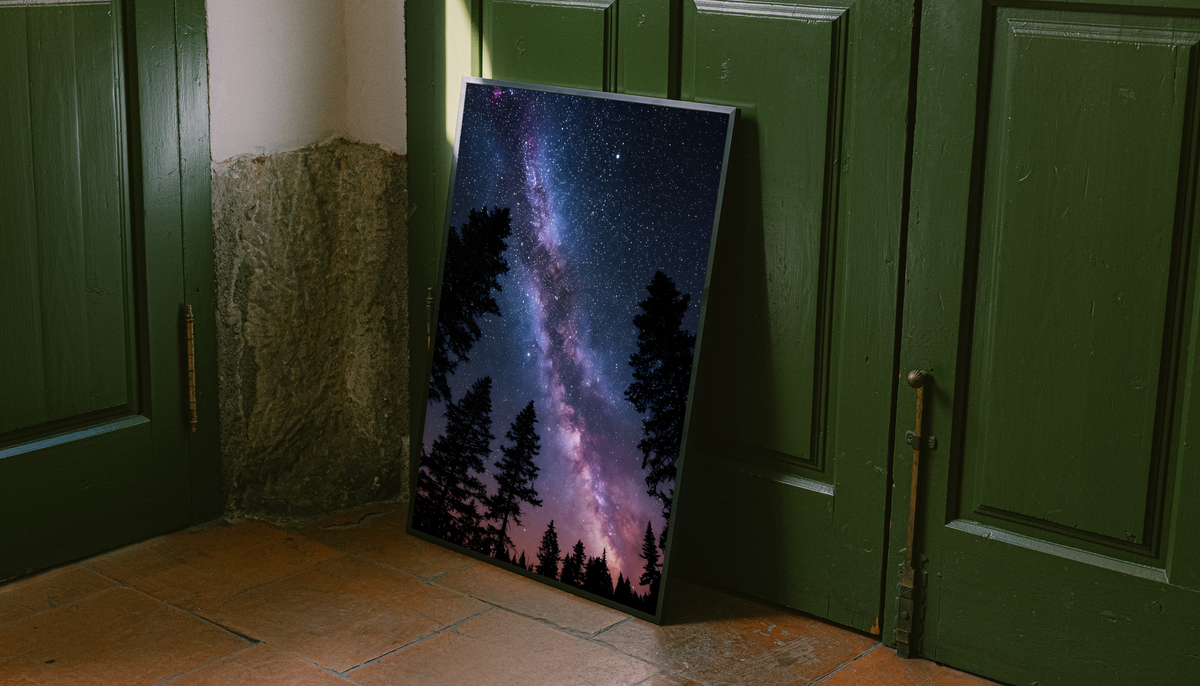 Violet-pink Milky Way band across a dark blue starry sky above black conifer silhouettes, styled in a black frame against dark green paneled doors above orange floor tiles