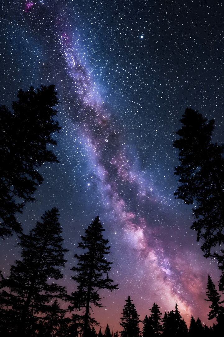 Violet-pink Milky Way band across a dark blue starry sky above black conifer silhouettes