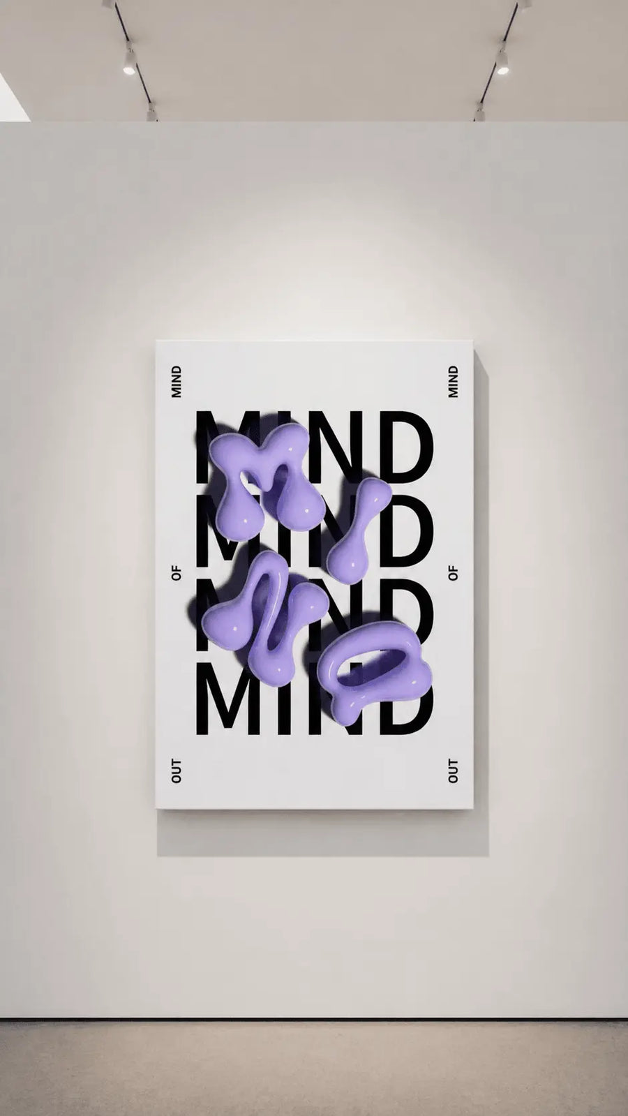 alt
Arte mural enmarcado de tipografía con texto negro y formas abstractas de letras 3D moradas