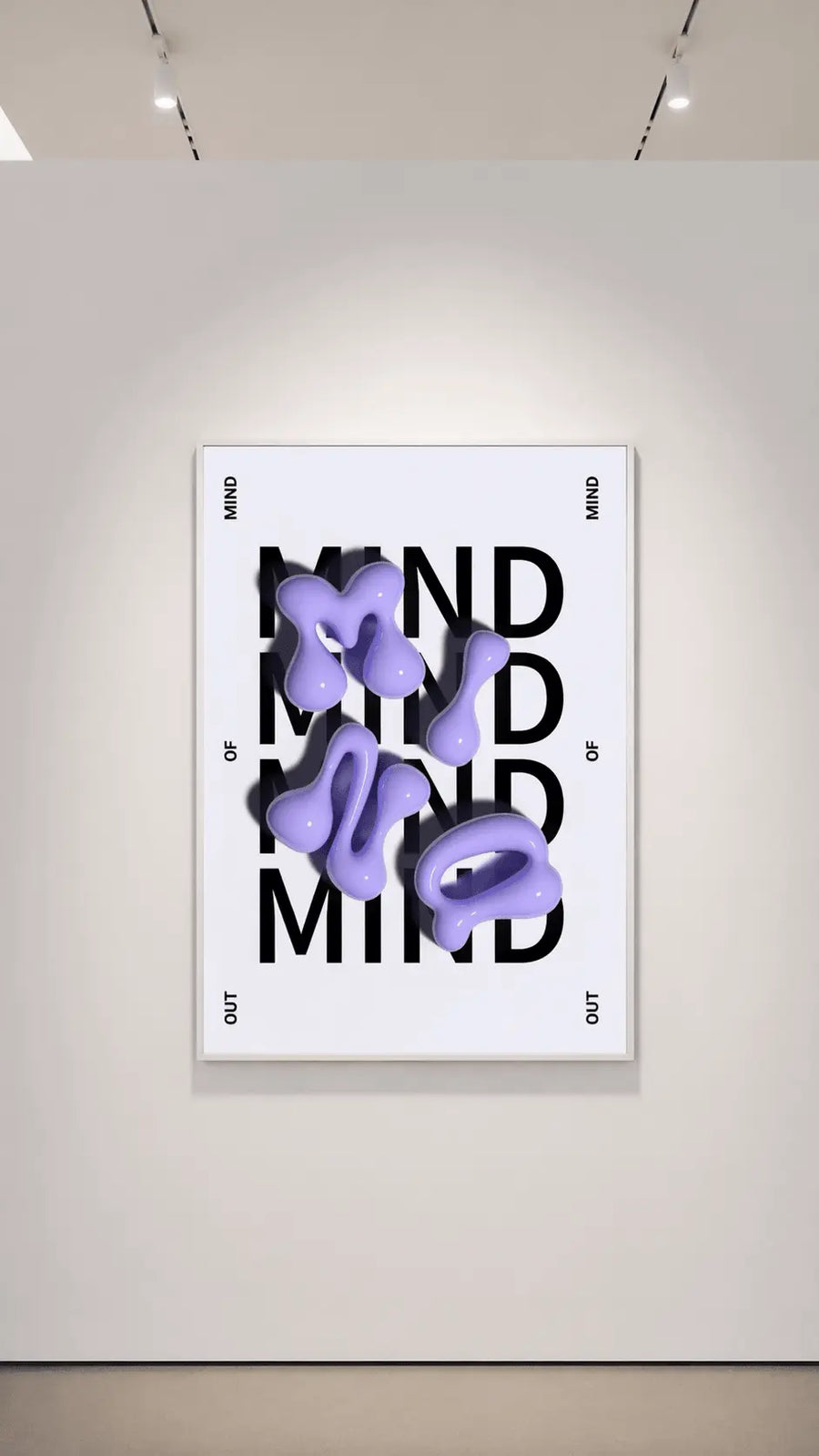 Arte mural de tipografía enmarcada centrada en la pared, letras negras con formas abstractas moradas
