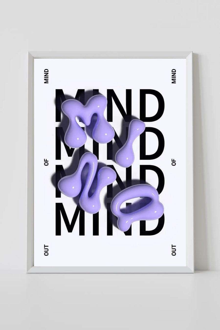 alt
Arte de pared tipográfico enmarcado con texto negro y formas abstractas 3D moradas
