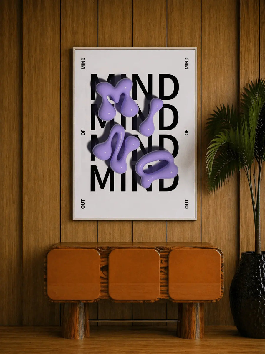 Lámina enmarcada de tipografía con texto negro y formas abstractas moradas brillantes