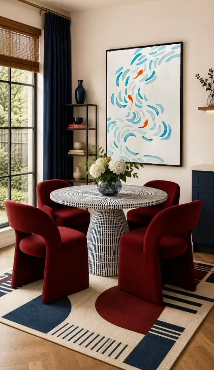 Small orange koi swimming among curved aqua and blue brushstrokes on cream in a black frame on the wall of a dining nook with red chairs