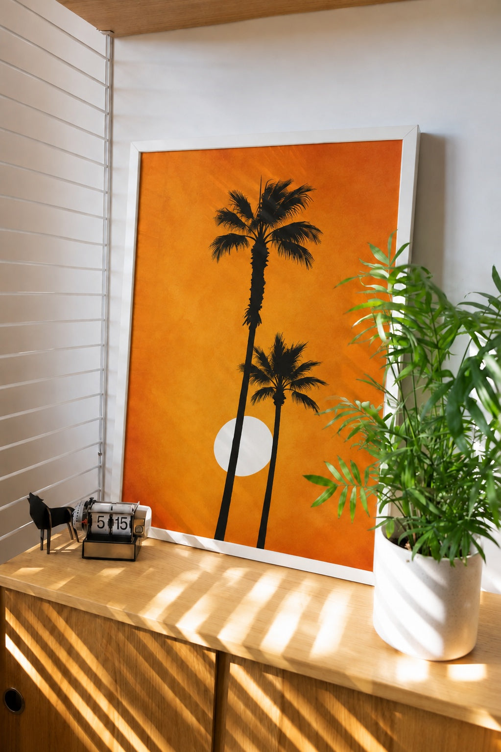 Framed minimalist palm sunset wall art, orange print with three palm trees