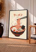 Black-framed ramen poster with red and black noodle bowl, egg, and chopsticks