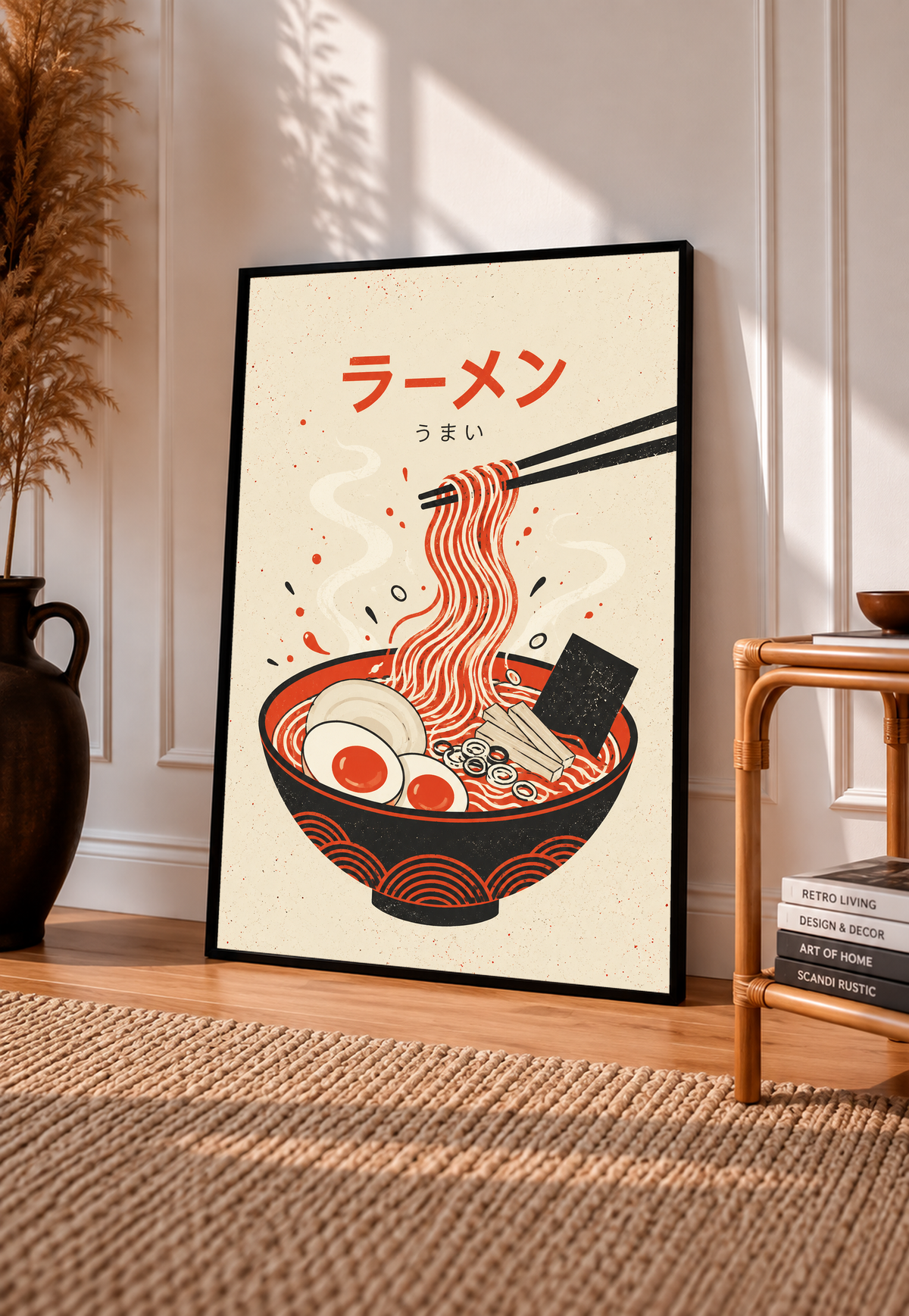 Black-framed ramen poster with red and black noodle bowl, egg, and chopsticks