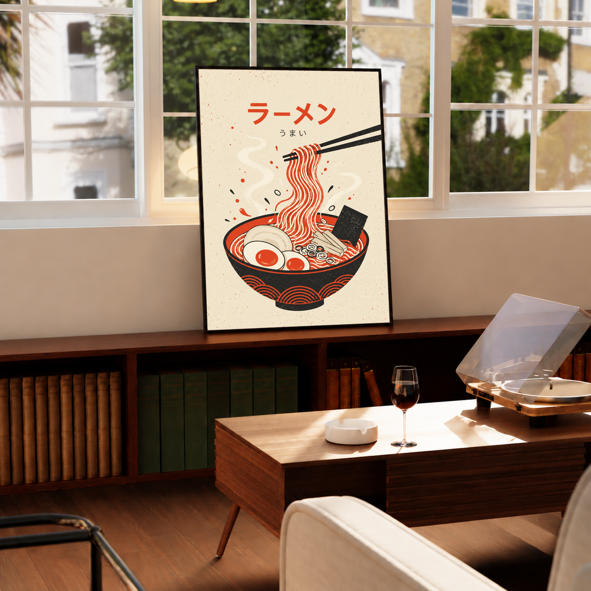 Black-framed ramen poster with red and black noodle bowl, egg, and chopsticks