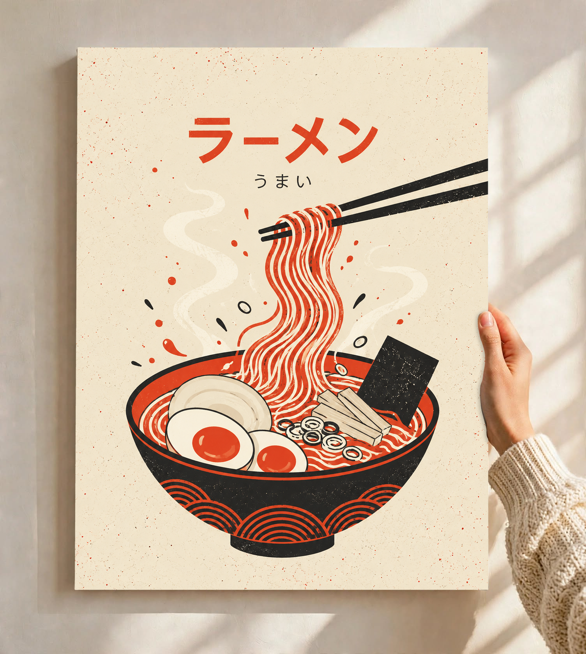 Ramen poster with red and black noodle bowl, egg, and chopsticks illustration