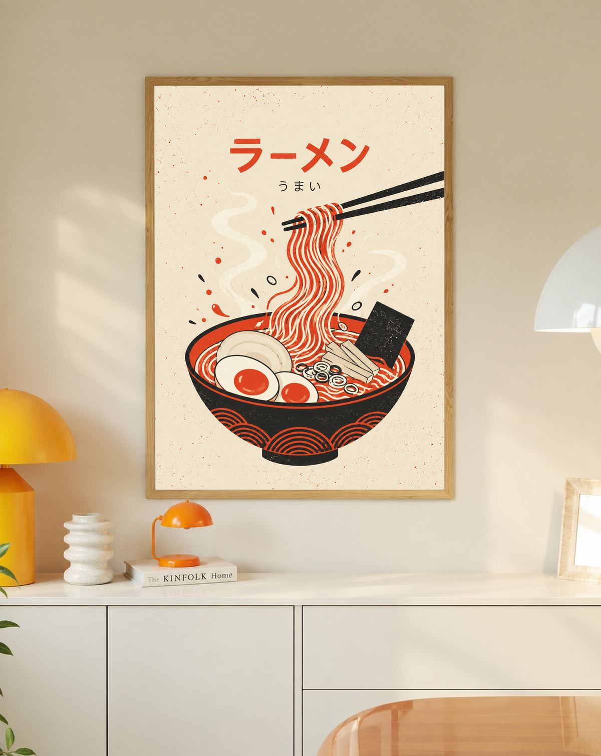 Oak-framed ramen poster with red and black noodle bowl, egg, and chopsticks