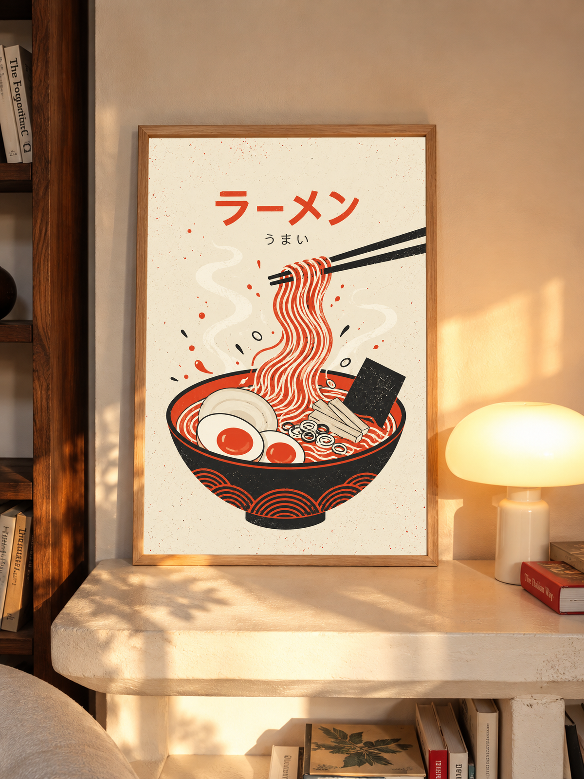 Wood-framed ramen poster with red and black noodle bowl, egg, and chopsticks