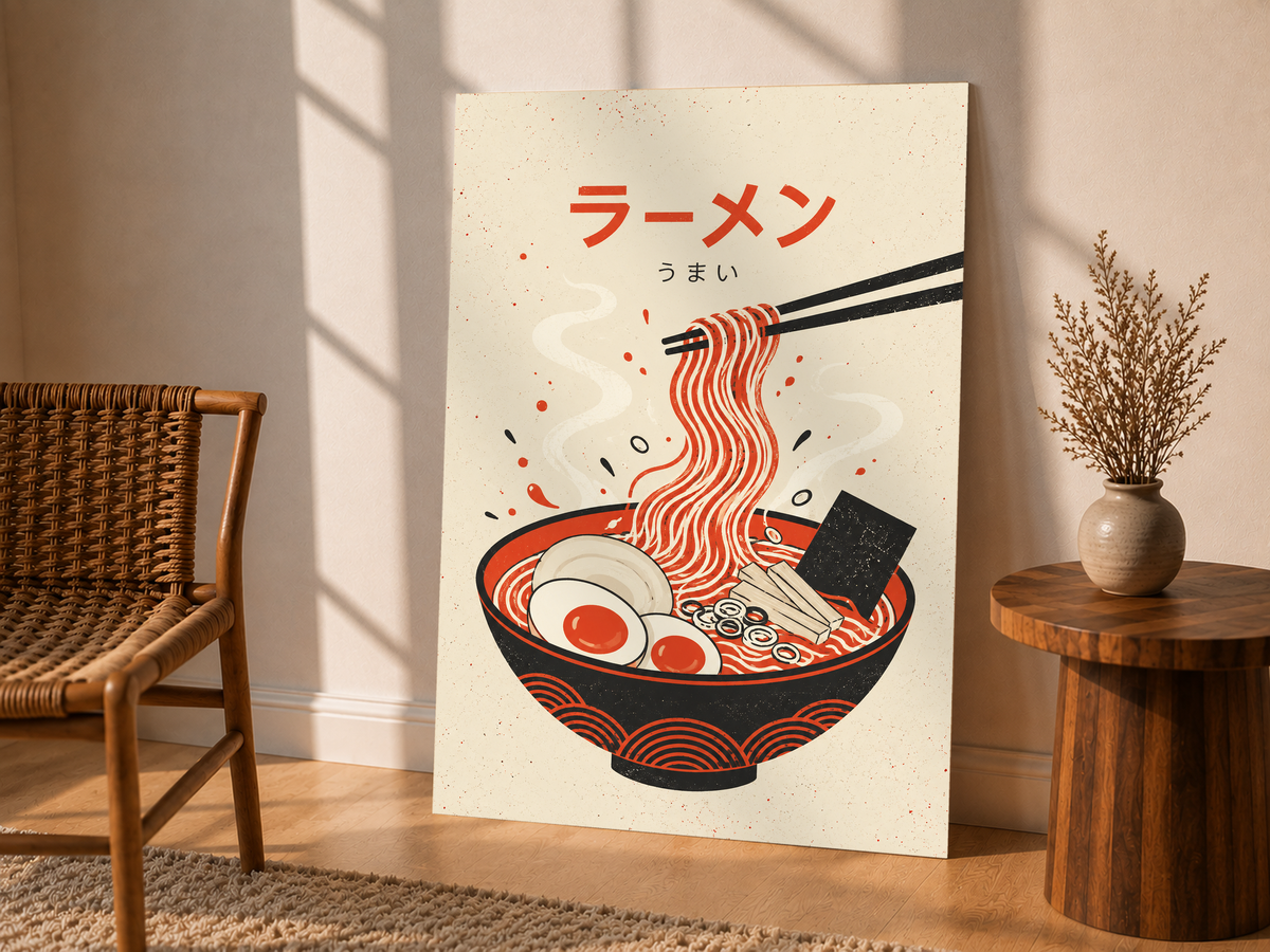 Minimal ramen poster with red noodle bowl, egg, and black chopsticks illustration