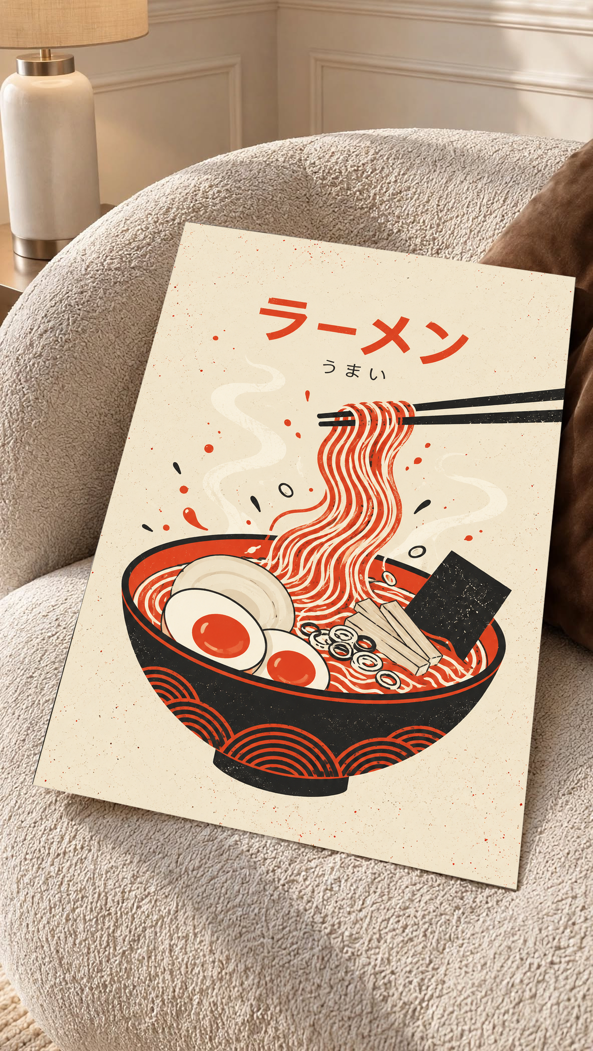 Ramen poster featuring red and black noodle bowl, egg, and chopsticks illustration