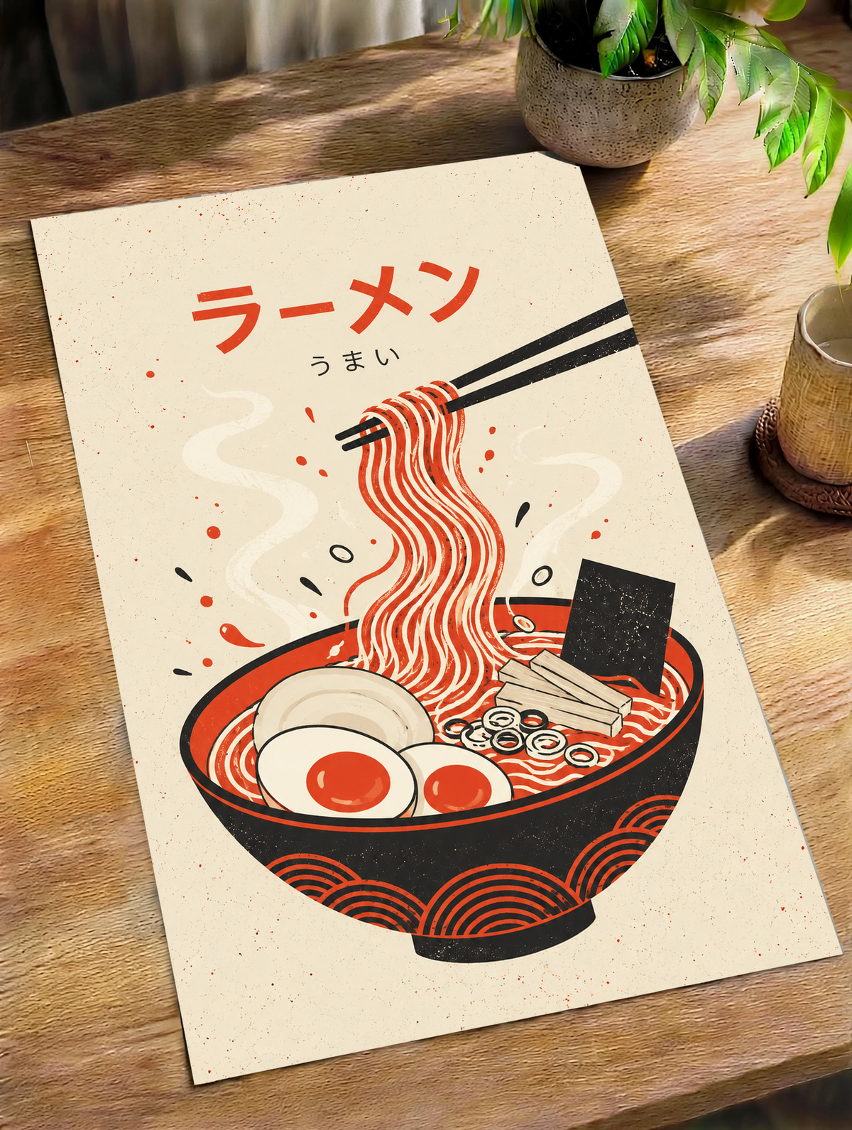 Ramen poster with red and black noodle bowl, egg, and chopsticks design