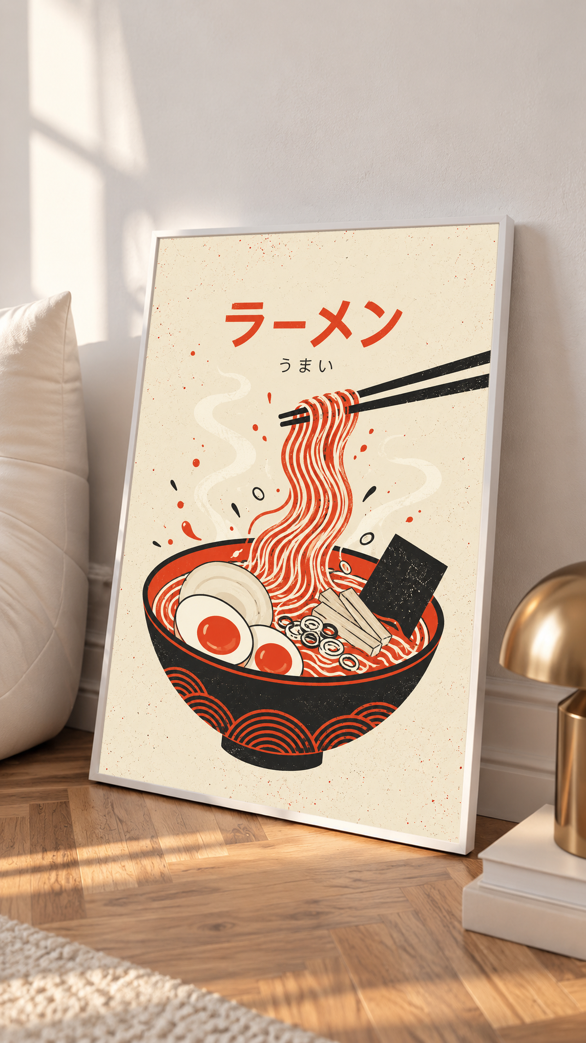 Light-framed ramen poster with red and black noodle bowl, egg, and chopsticks