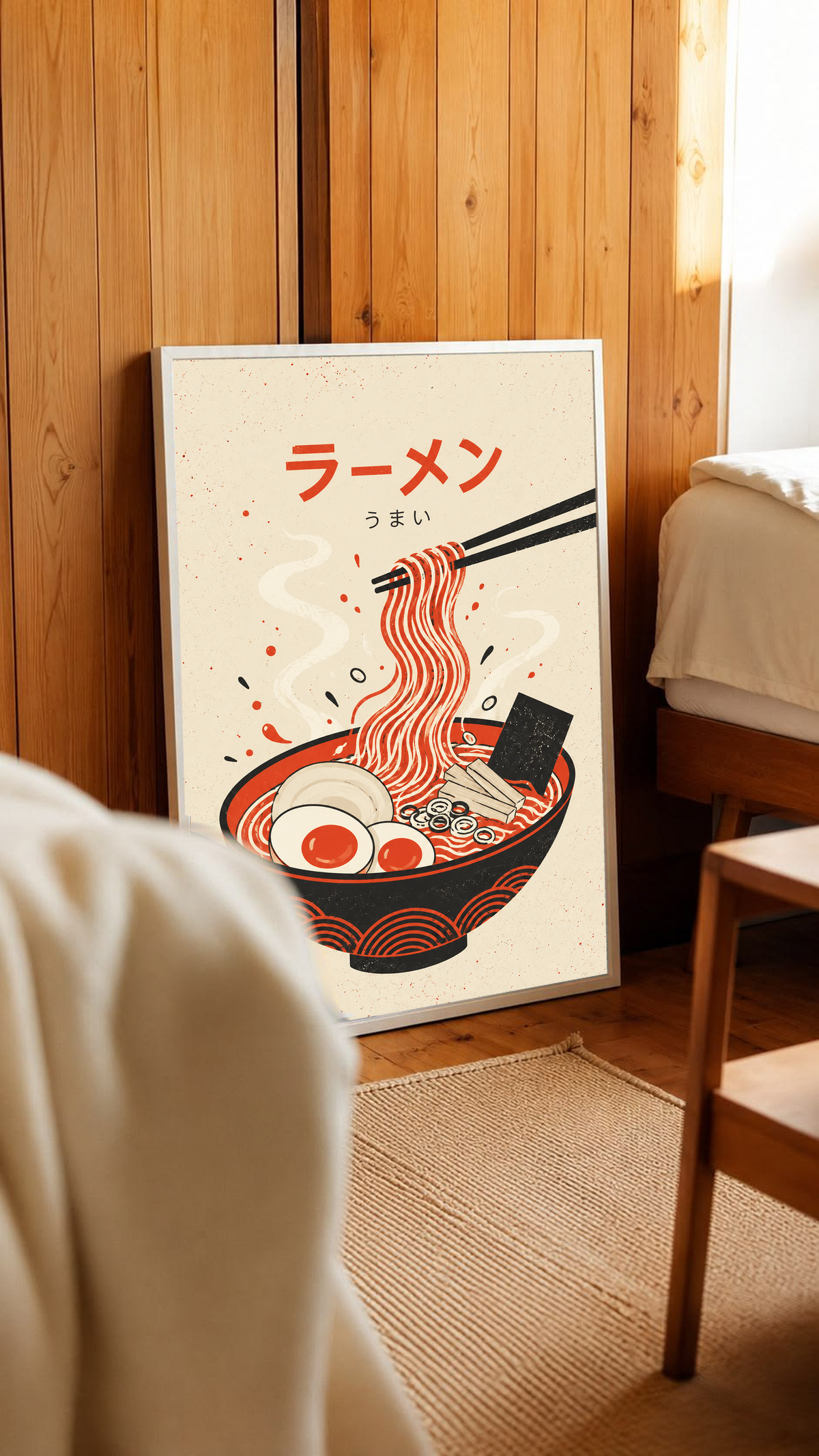 Wood-framed ramen poster with red and black noodle bowl, egg, and chopsticks