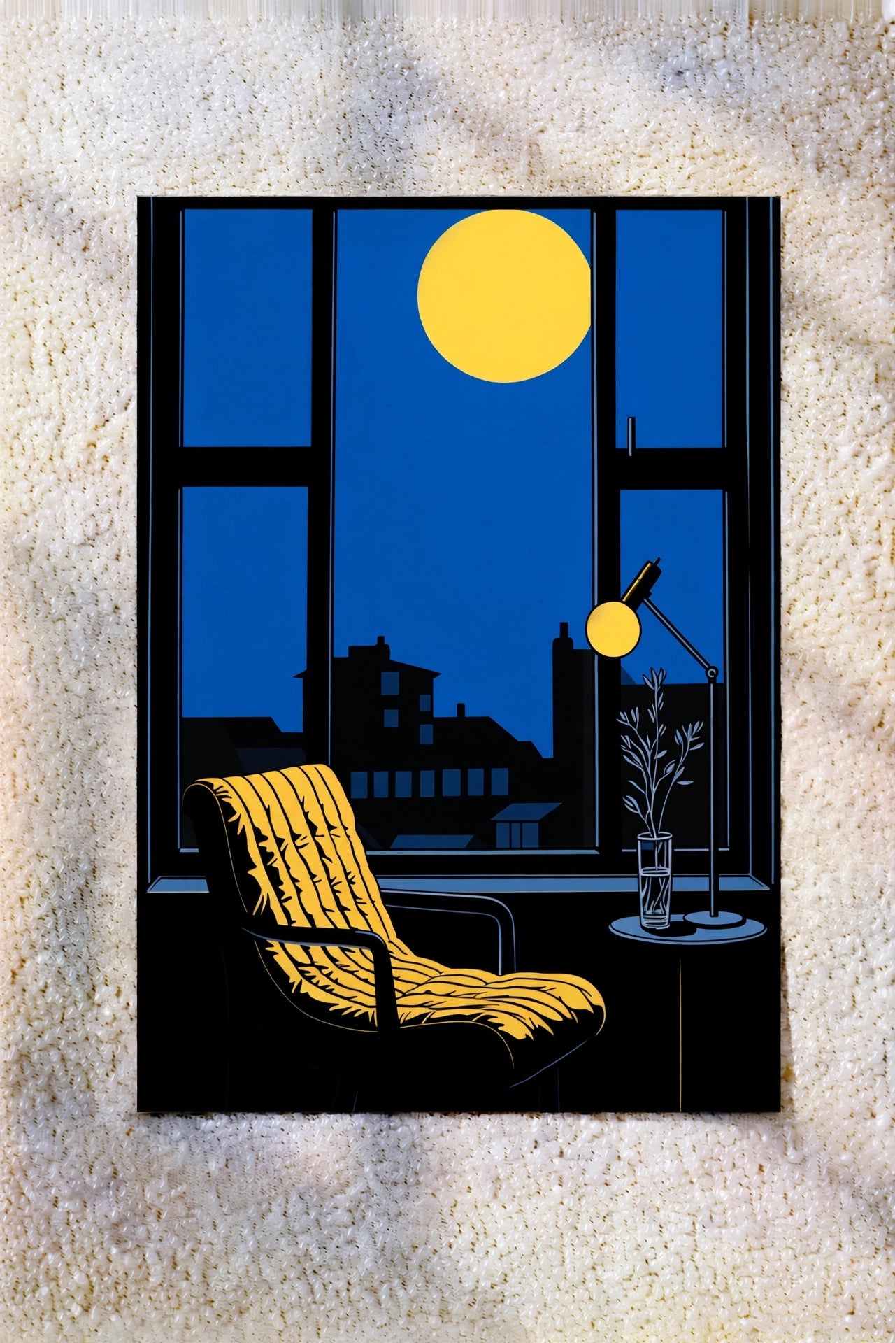 Framed wall art with blue window scene, yellow sun, black city skyline and chair