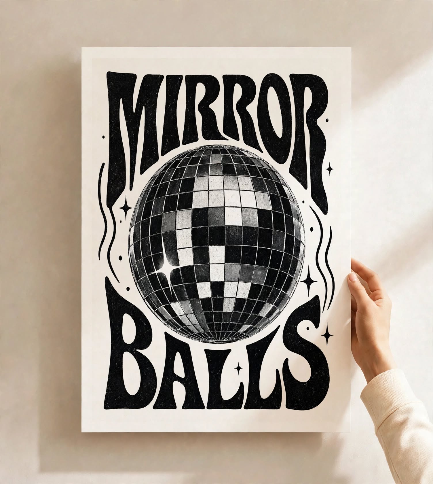 Mirror Ball Art Print featuring an oversized disco ball with expressive vintage inspired typography