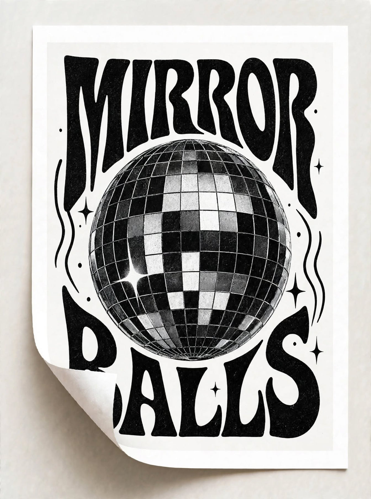 Mirror Ball Art Print with monochrome graphic details and nostalgic seventies inspired character