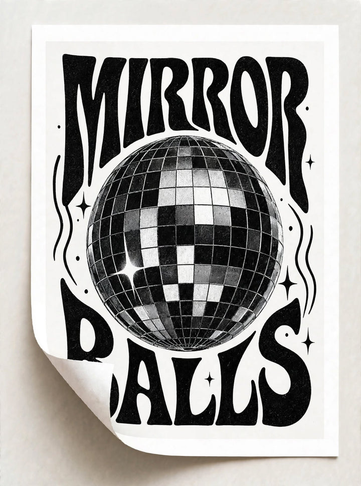 Mirror Ball Art Print with monochrome graphic details and nostalgic seventies inspired character