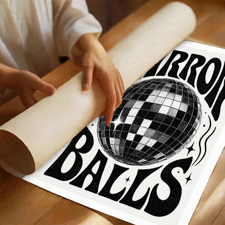 Mirror Ball Art Print combining bold black typography with a detailed reflective disco ball design