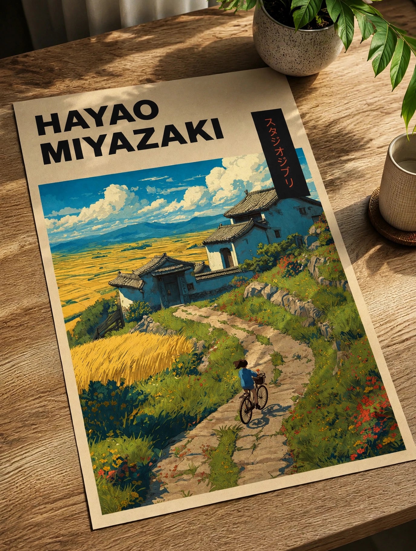 Hayao Miyazaki art print with rural path, houses, bicycle, and bold title text