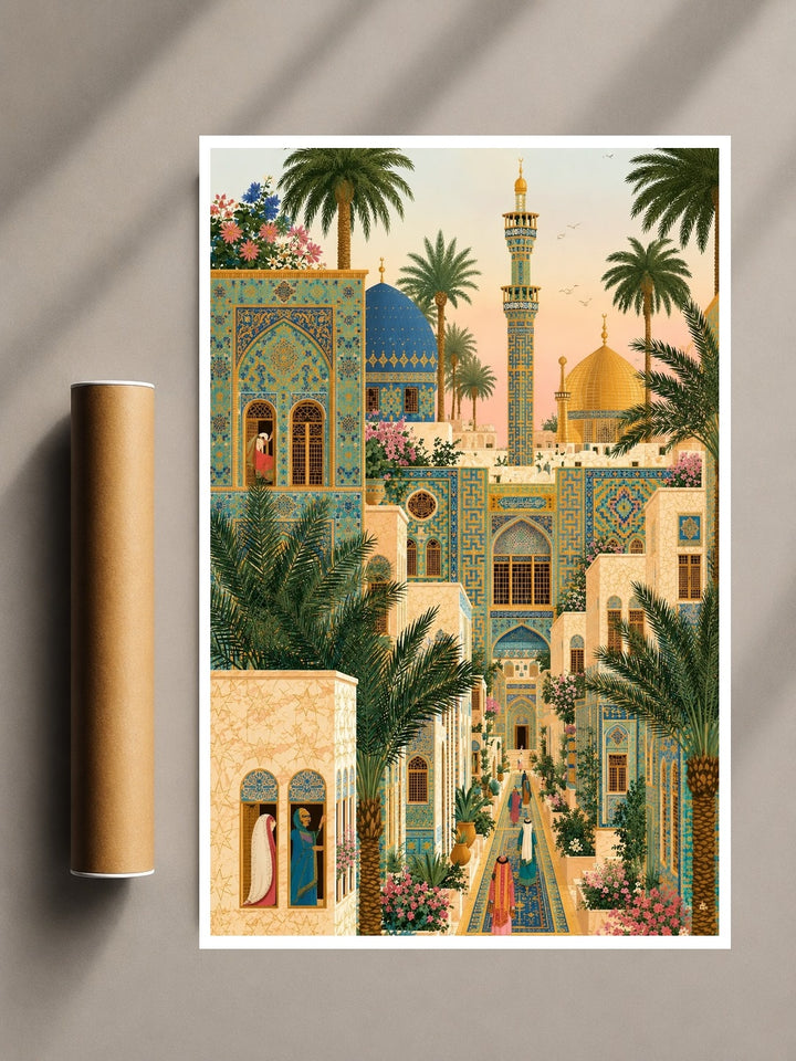 Unframed Islamic architecture art print with mosque courtyard, minarets and palm trees