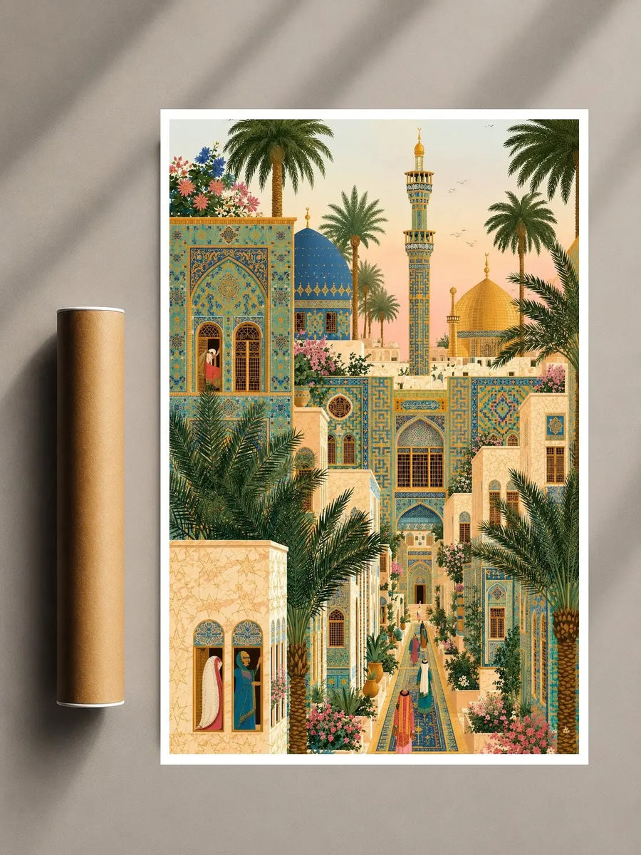 Unframed Islamic architecture art print with mosque courtyard, minarets and palm trees