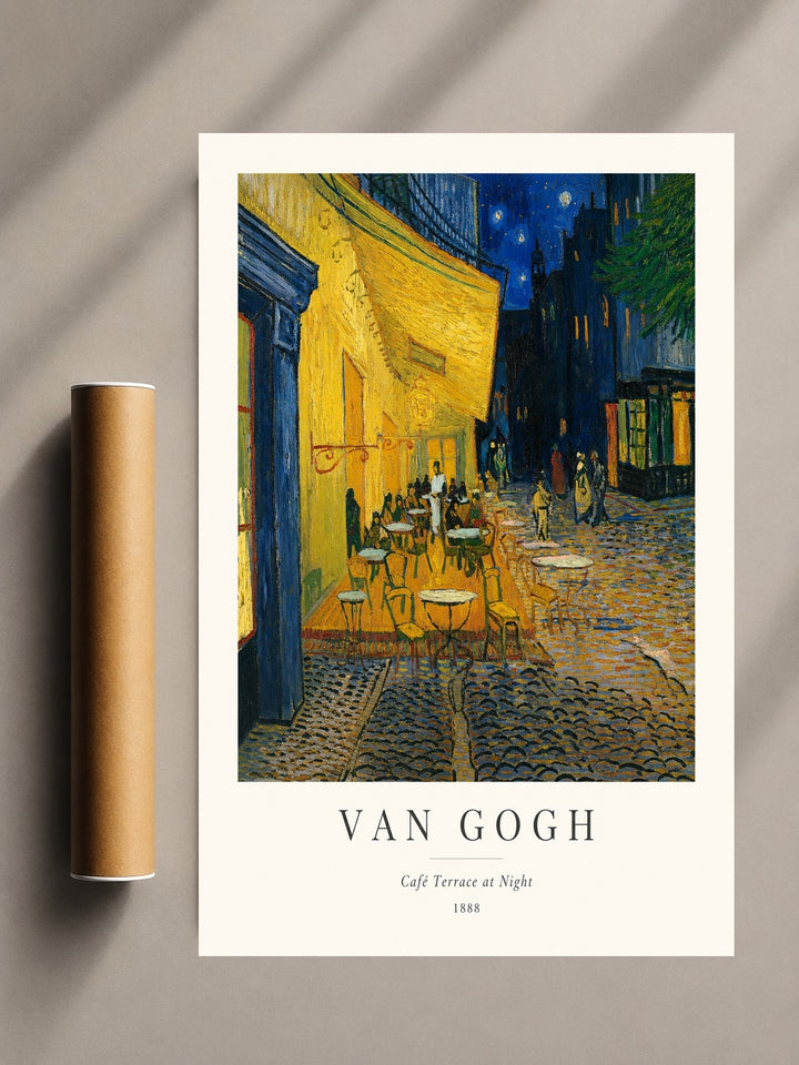 Van Gogh Café Terrace at Night poster print with white border and rolled sample beside it