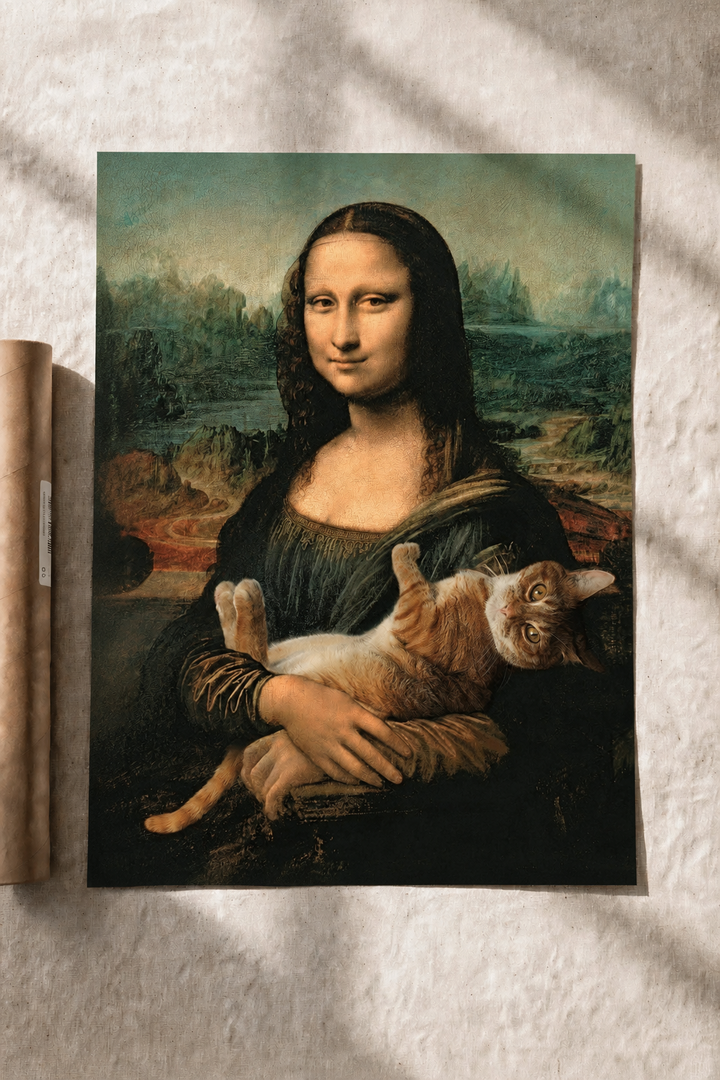 Mona Lisa cat poster with Renaissance portrait of a woman holding an orange tabby