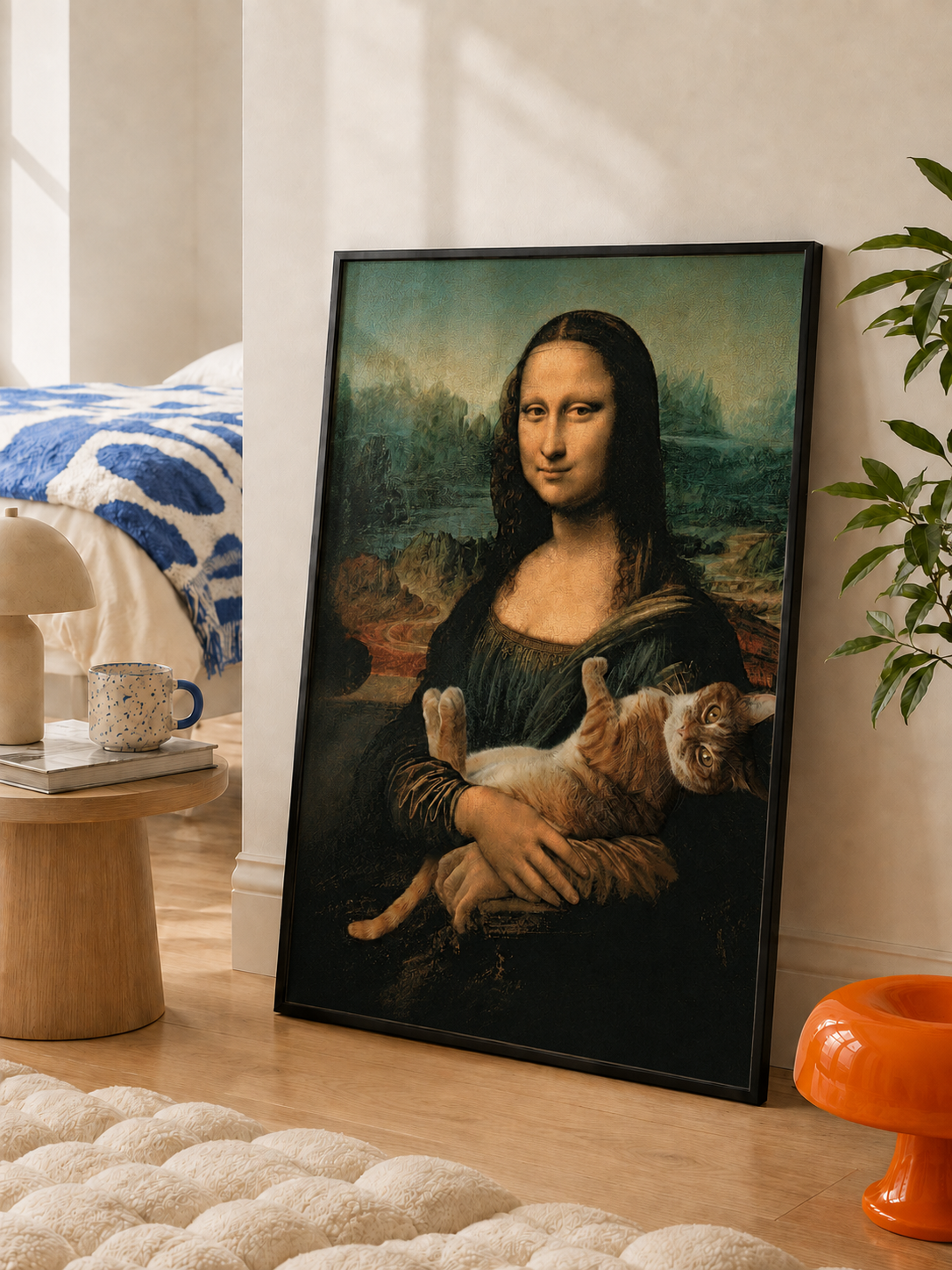 Framed cat renaissance poster with Mona Lisa portrait and orange cat on dark background