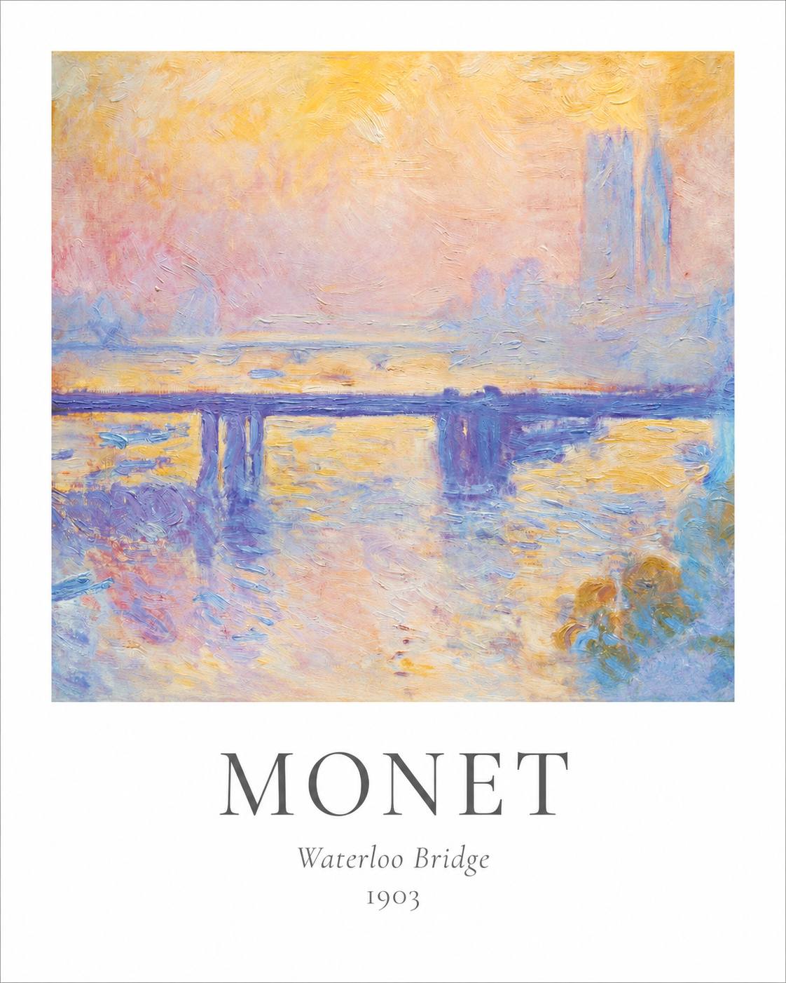Waterloo Bridge art print with blue water and bridge scene; Monet title at bottom