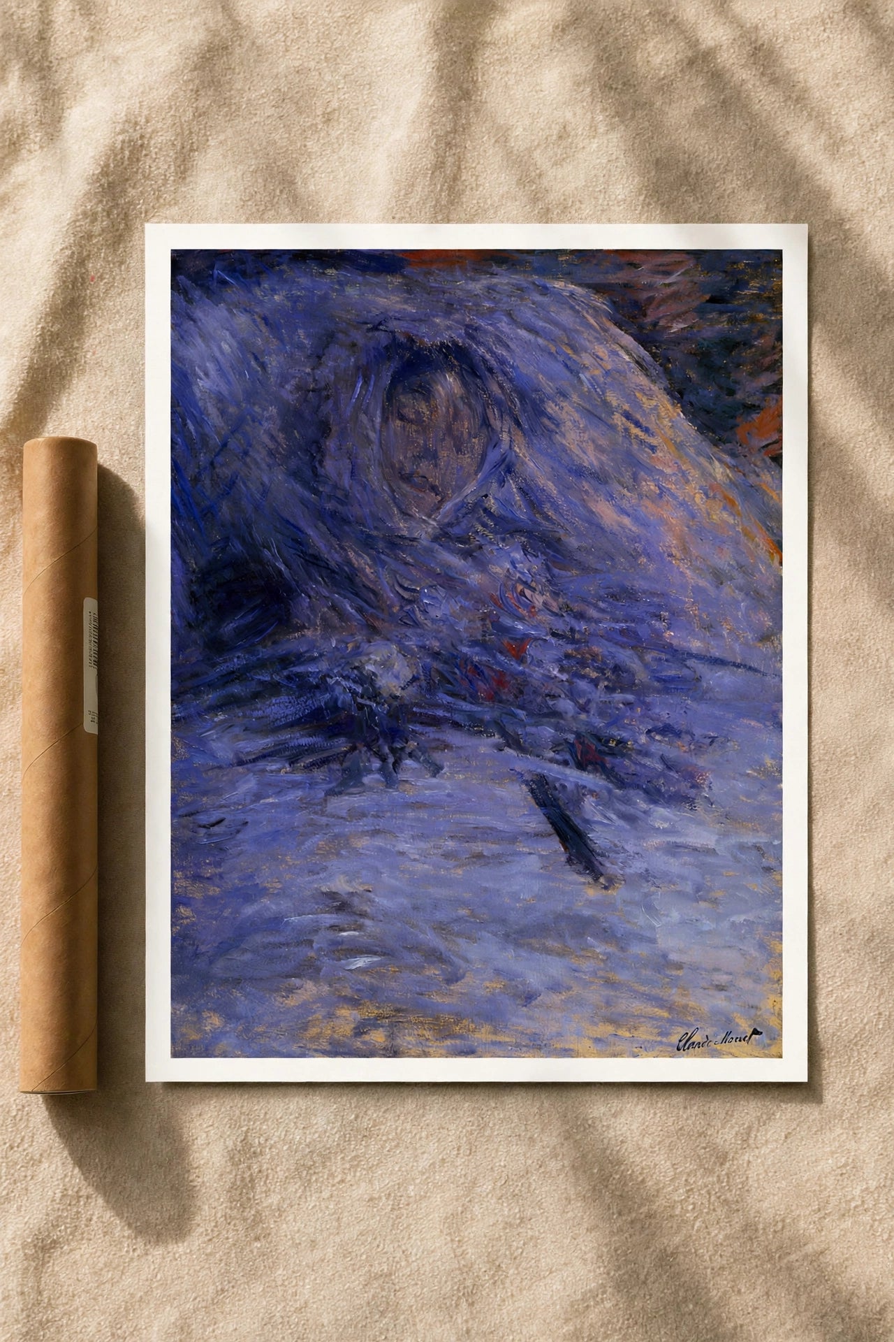 Monet figurative art print in white frame, blue impasto scene with dark strokes
