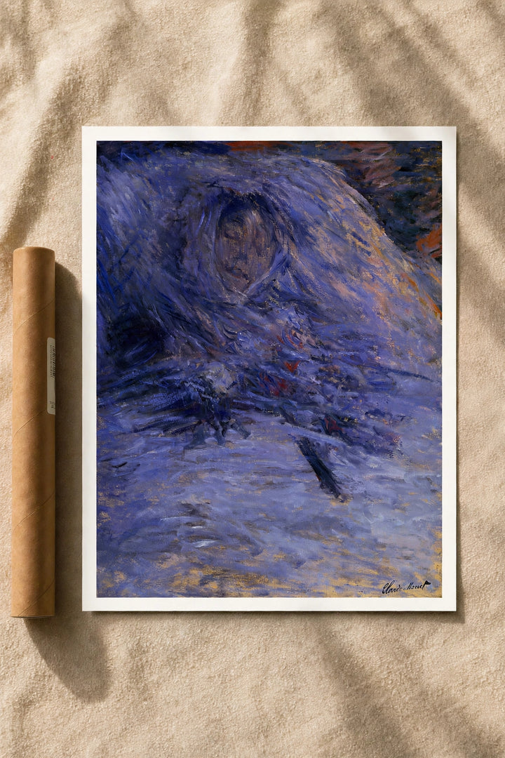 Monet figurative art print in white frame, blue impasto scene with dark strokes