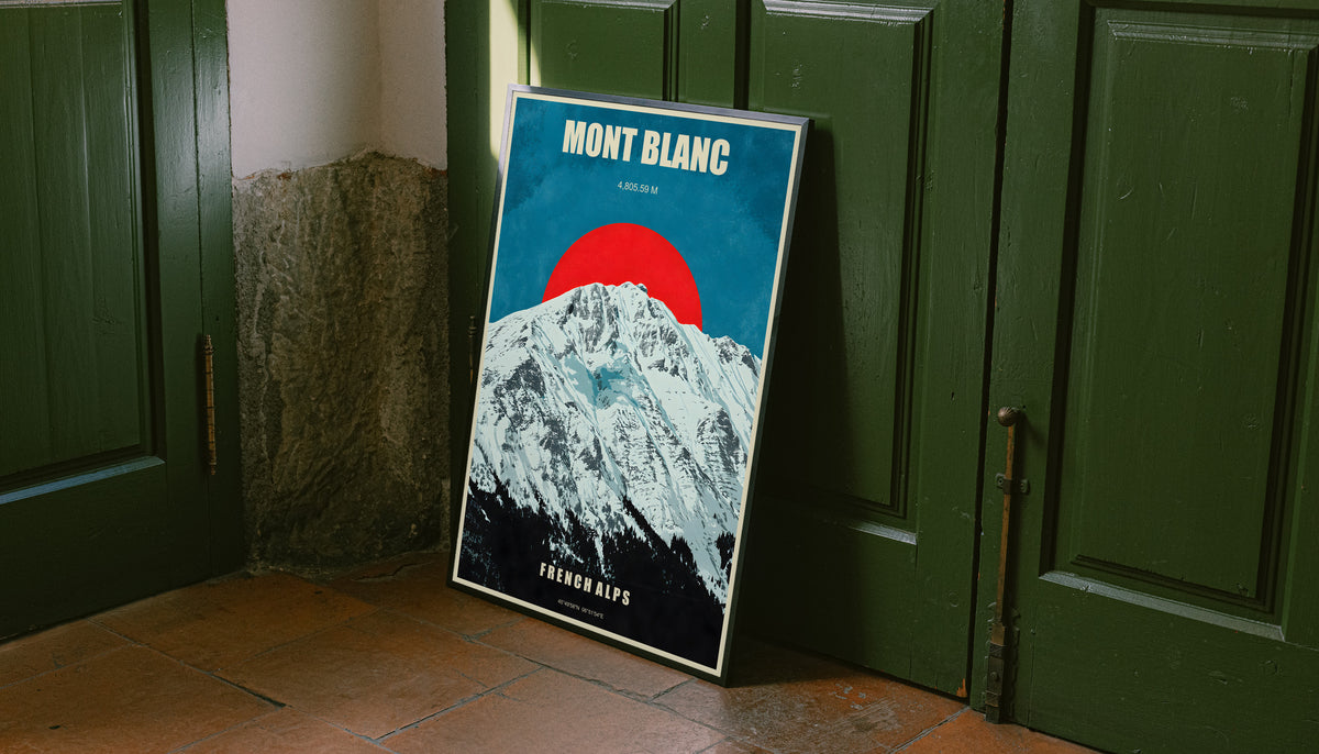 Mont Blanc poster in a slim light frame, with snowy Alps and vintage lettering
