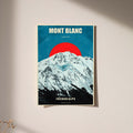 Mont Blanc poster with snowy Alps, red sun, and vintage typography