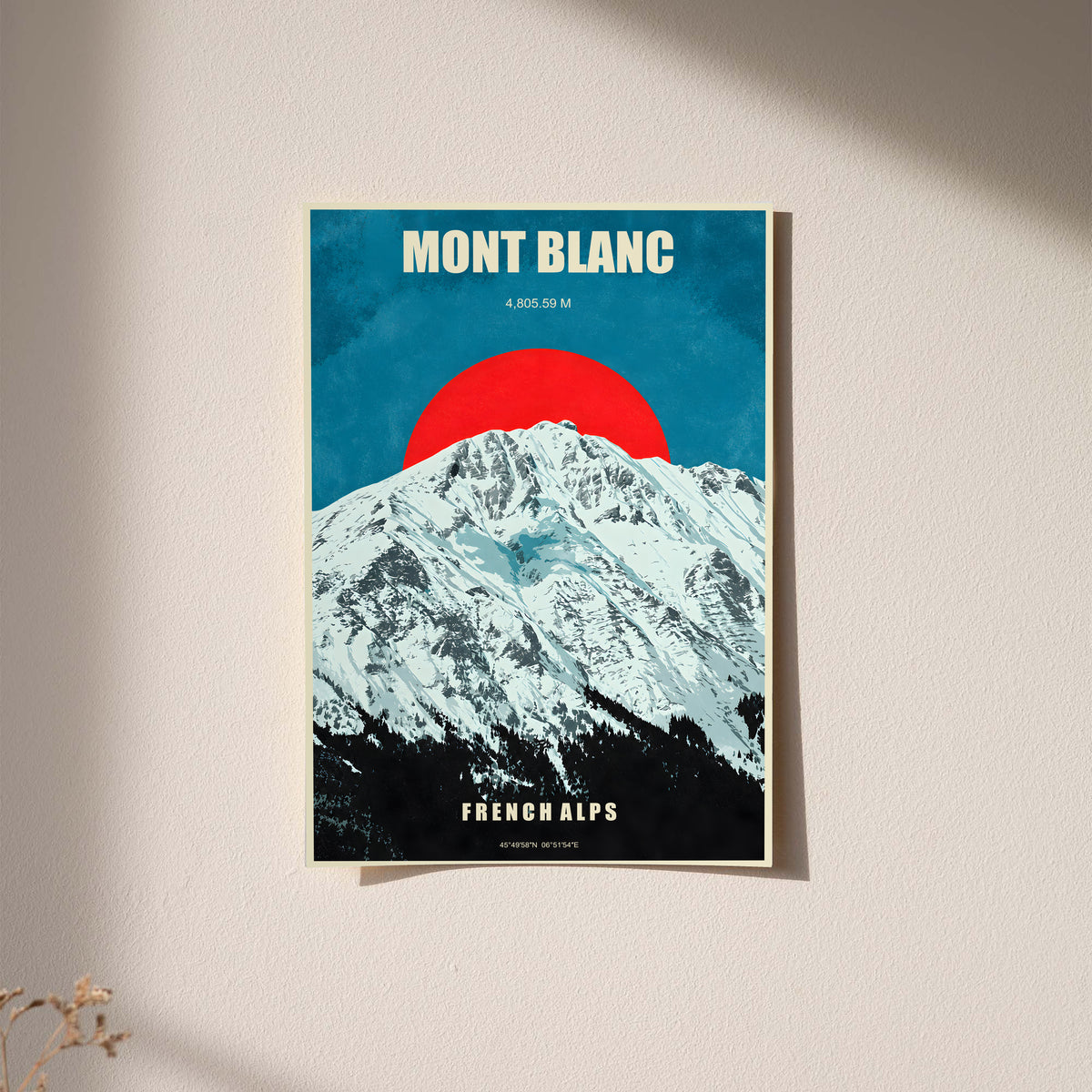 Mont Blanc poster with snowy Alps, red sun, and vintage typography