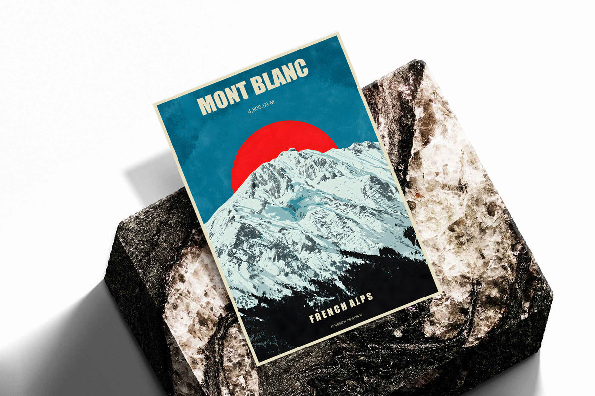 Mont Blanc poster showing snowy Alps, a red sun, and vintage French Alps lettering