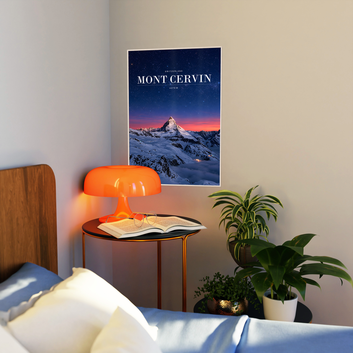 Snowy Mont Cervin beneath a starry navy sky and pink horizon; artwork styled in a living room