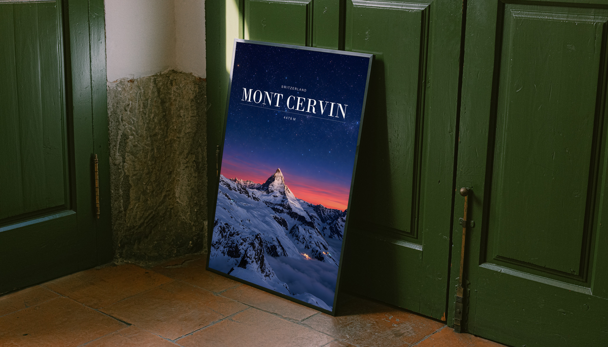 Snowy Mont Cervin beneath a starry navy sky and pink horizon; unframed canvas styled by a green doorway