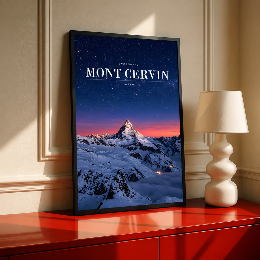 Framed wall poster with starry sky and Matterhorn mountain above snowy valley